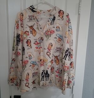 INEZ Cream Western-Print Long Sleeve Blouse